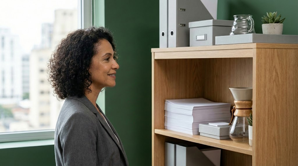 Contadora sênior revisando diagnóstico do escritório — fase de transição para o modelo ContHub