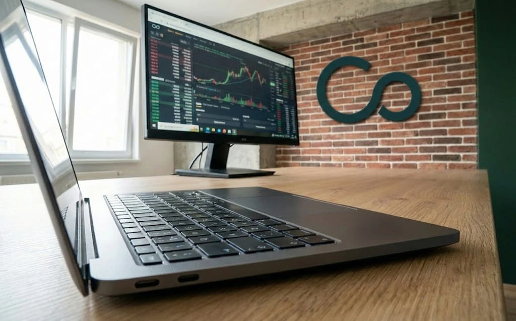 Escritório da ContConnect em São José dos Campos: parede de tijolo com símbolo Co e monitor com gráficos financeiros — estrutura completa de BPO contábil